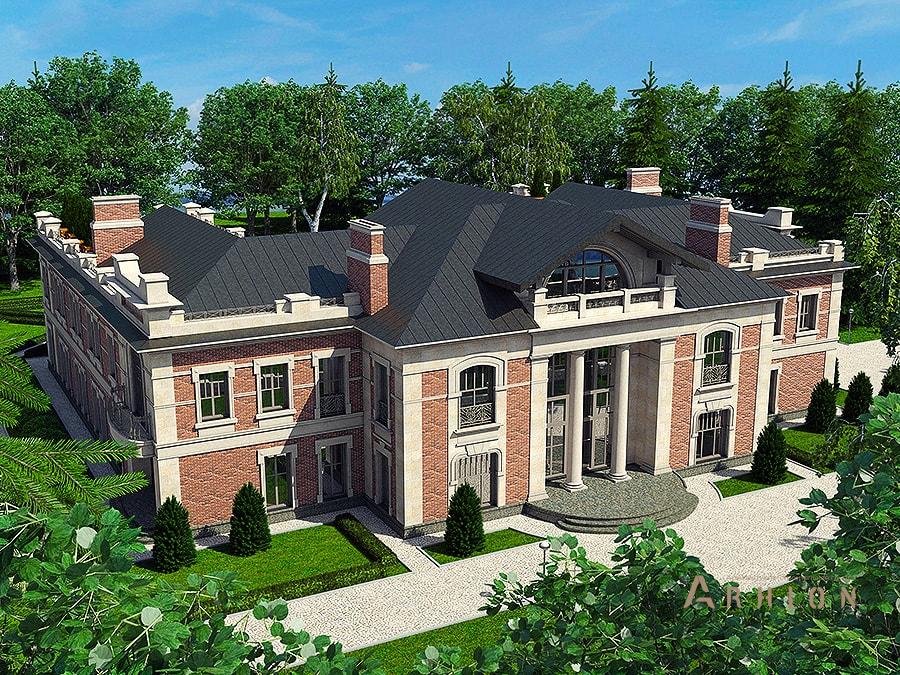 5. Проект двухэтажного дома в замковом стиле с многоскатной кровлей, av-2500, площадью - 2500 кв c цокольным этажом